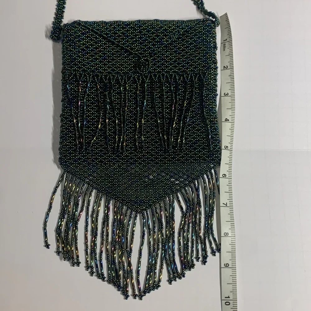 crossbody handbag BEADED hand crafted green With blue purple beads 5.5 x 7” NWOT